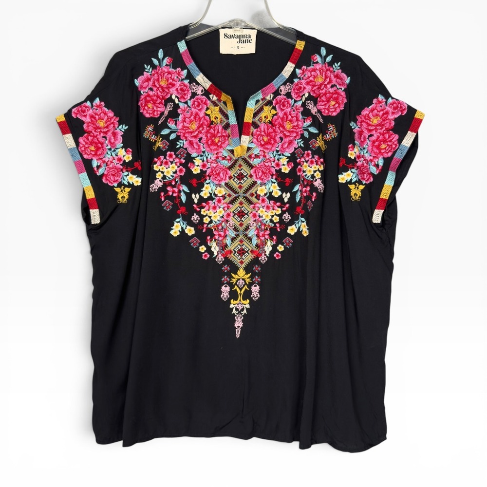 Savanna Jane Embroidered Blouse Oversized Small Black Floral Boho Peasant Top